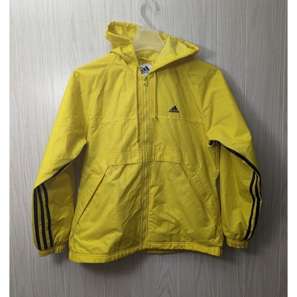 Vintage Adidas Hooded Parka Windbreaker Rain Jacket Blue Yellow Striped M